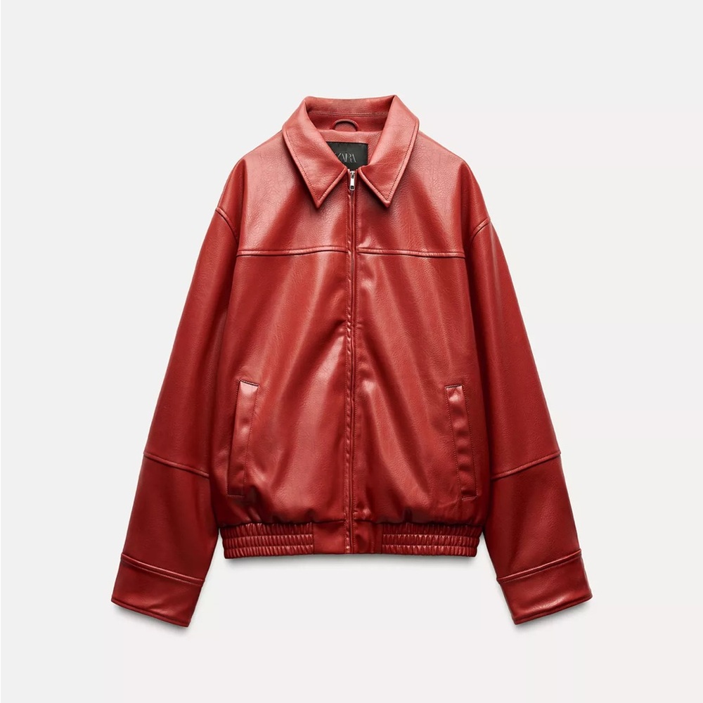 Zara Red Faux Leather Bomber Jacket